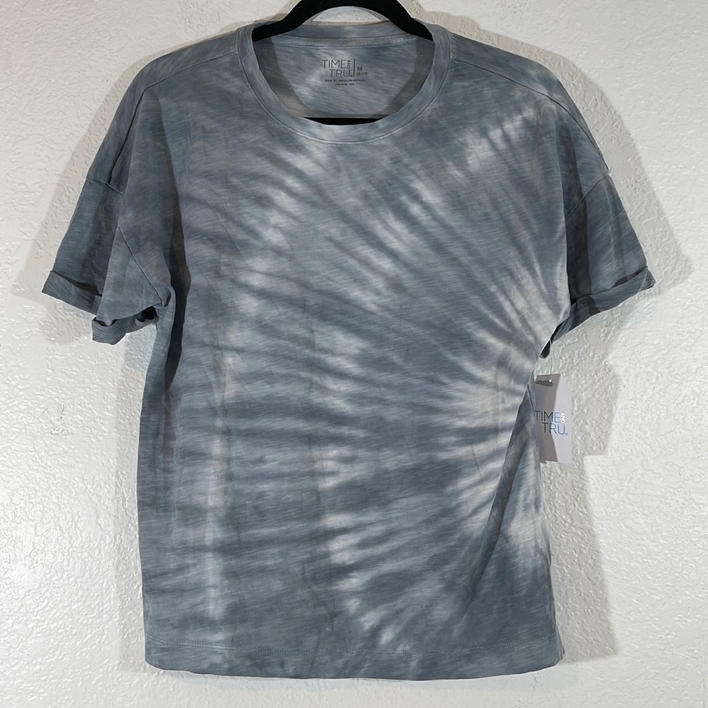 Time and Tru Medium Gray and White Tie Dye Cotton Tee Relaxed Fit Sz Medium New